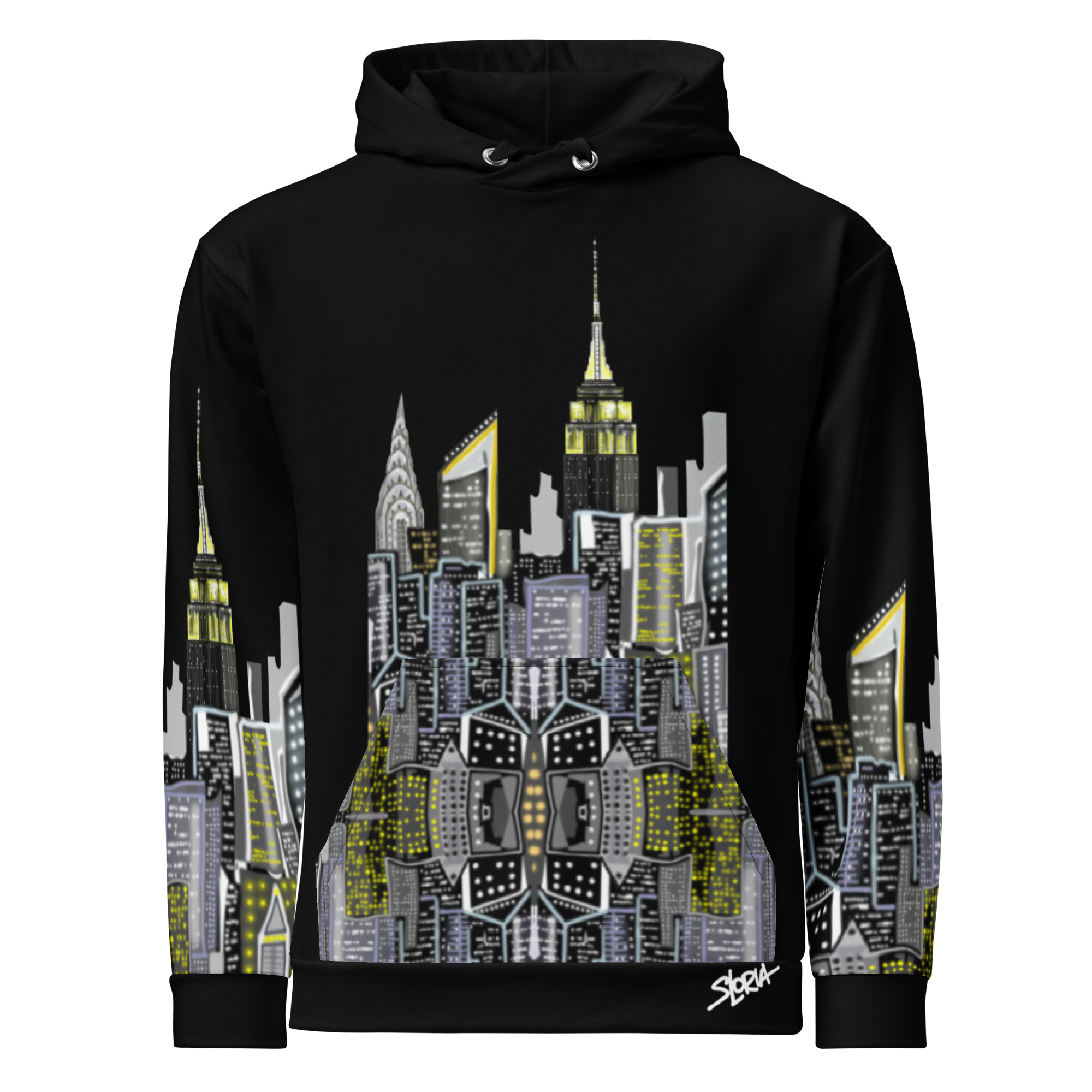 Front of Black Loria NYC Art hoodie with cityscape design on a white background