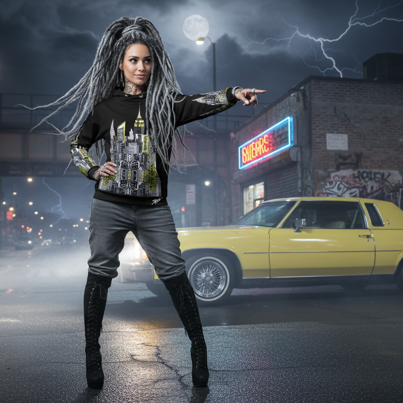 Person with long hair standing in a dark urban street wearing a  Loria NYC Art hoodie with a yellow car and neon signs in the background.