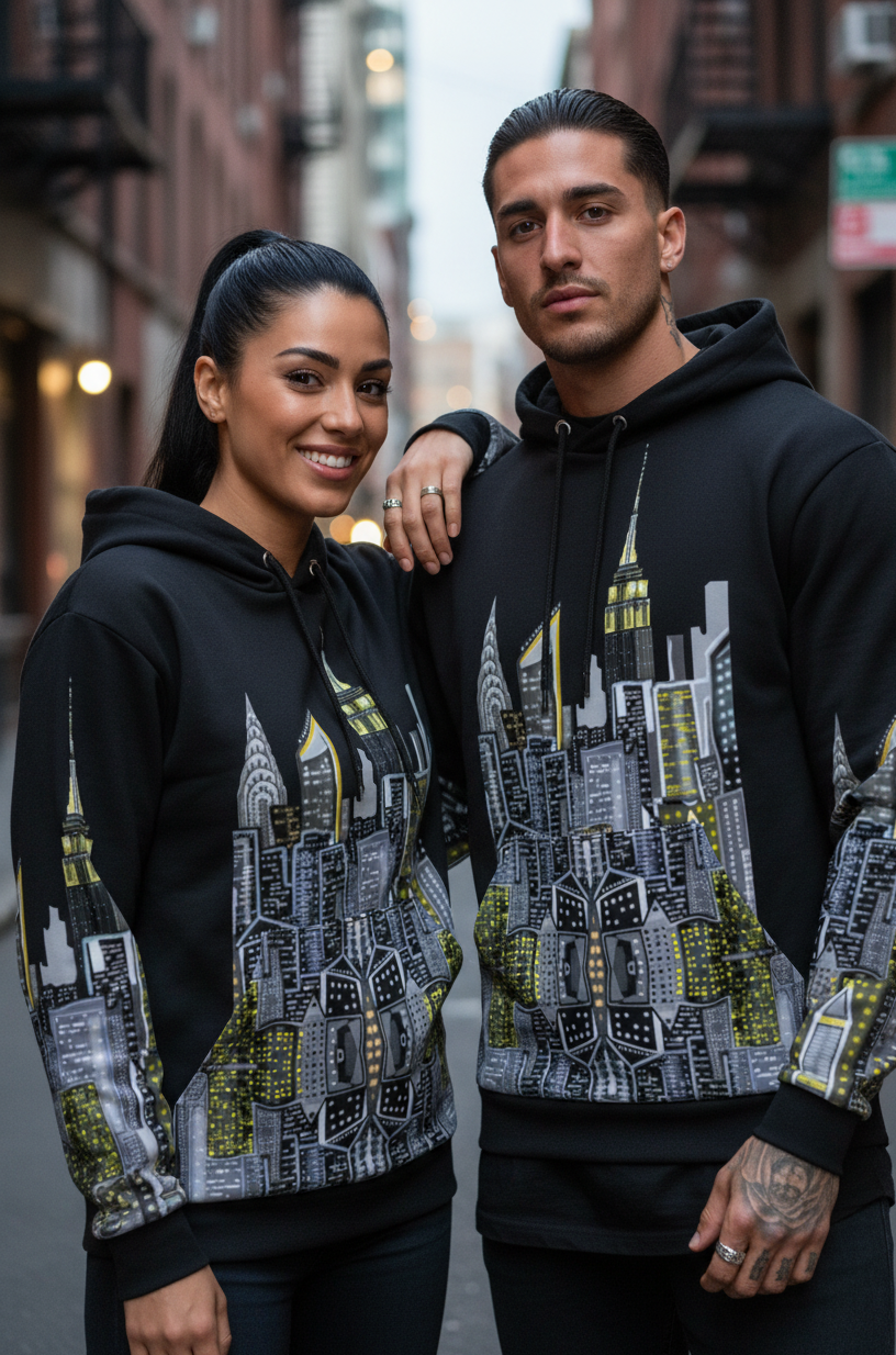 Two people wearing black hoodies with a cityscape Loria NYC Art design on an urban street.
