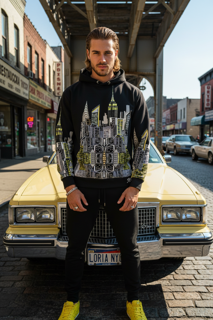 Man standing in front of a yellow car posing and wearing a black Loria NYC Art hoodie with a cityscape design.