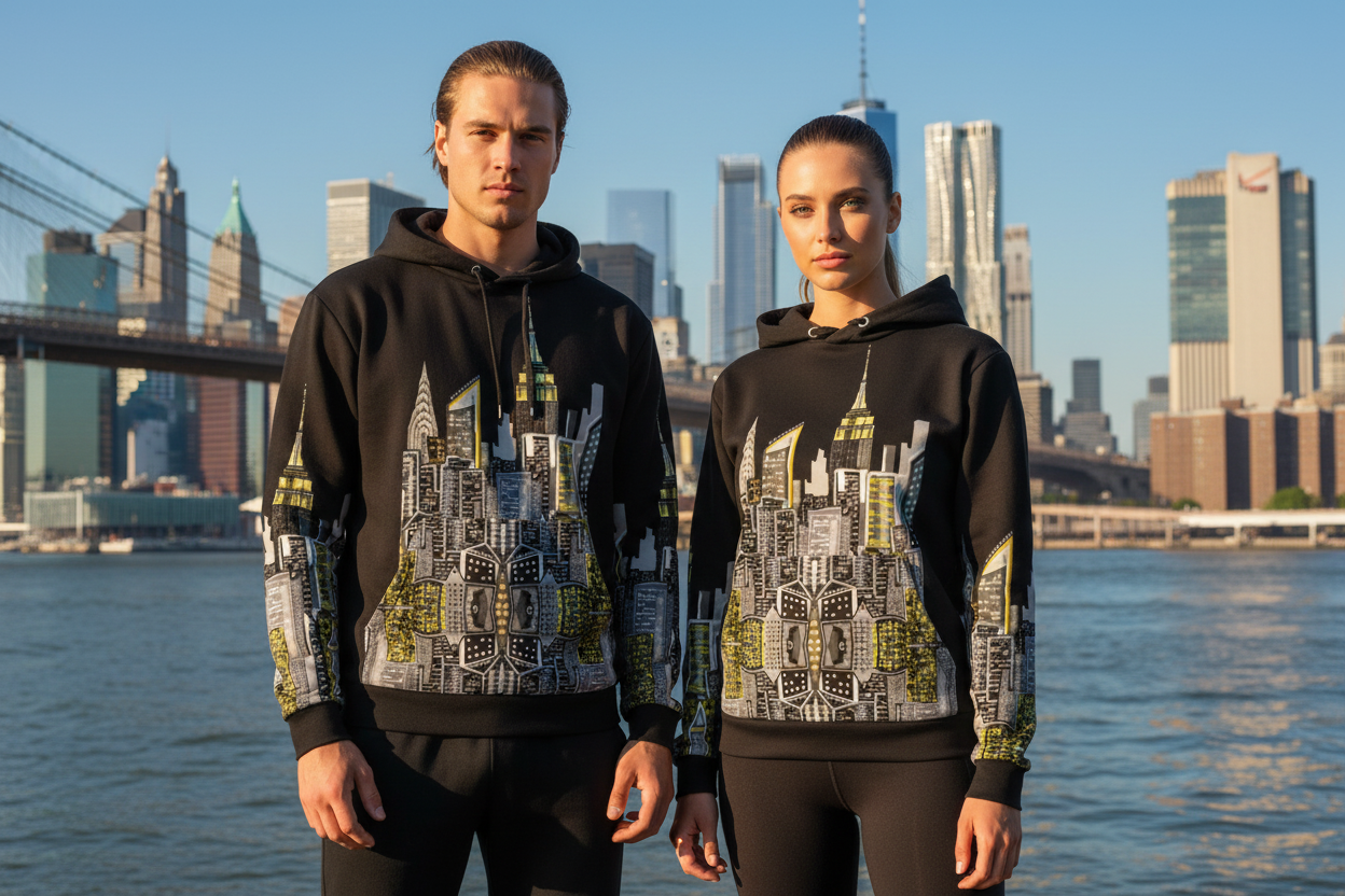 One male and one female posing in front of the Brooklyn bridge wearing matching black NYC Art hoodies.