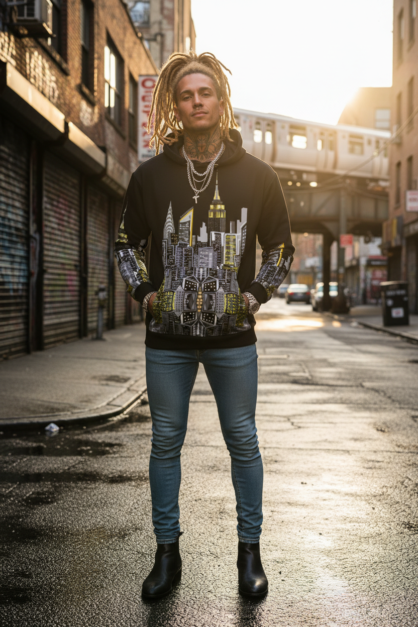 Person wearing a hoodie with a Loria NYC Art cityscape design on a street.