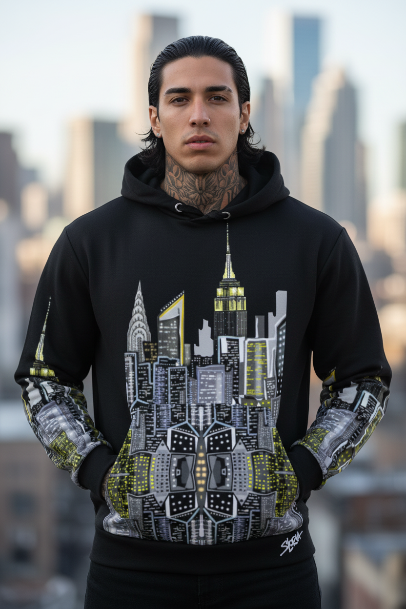 Person wearing a black hoodie with a cityscape Loria NYC Art design in front of a blurred city skyline.