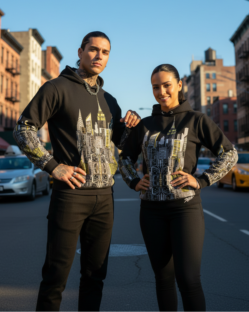 Two people on an urban street wearing matching black Loria NYC Art hoodies.