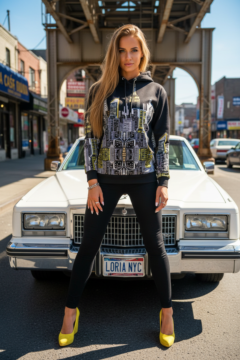 Female standing in front of a car posing and wearing a black Loria NYC Art hoodie with a cityscape design.
