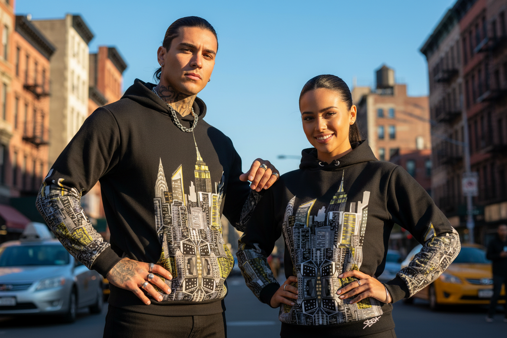 Two people posing in an urban setting wearing matching black Loria NYC Art hoodies.