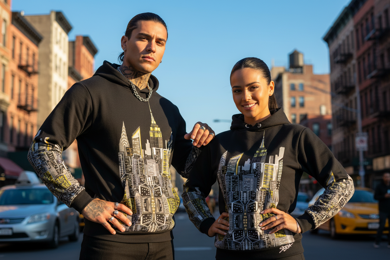 Two people posing in an urban setting wearing matching black Loria NYC Art hoodies.
