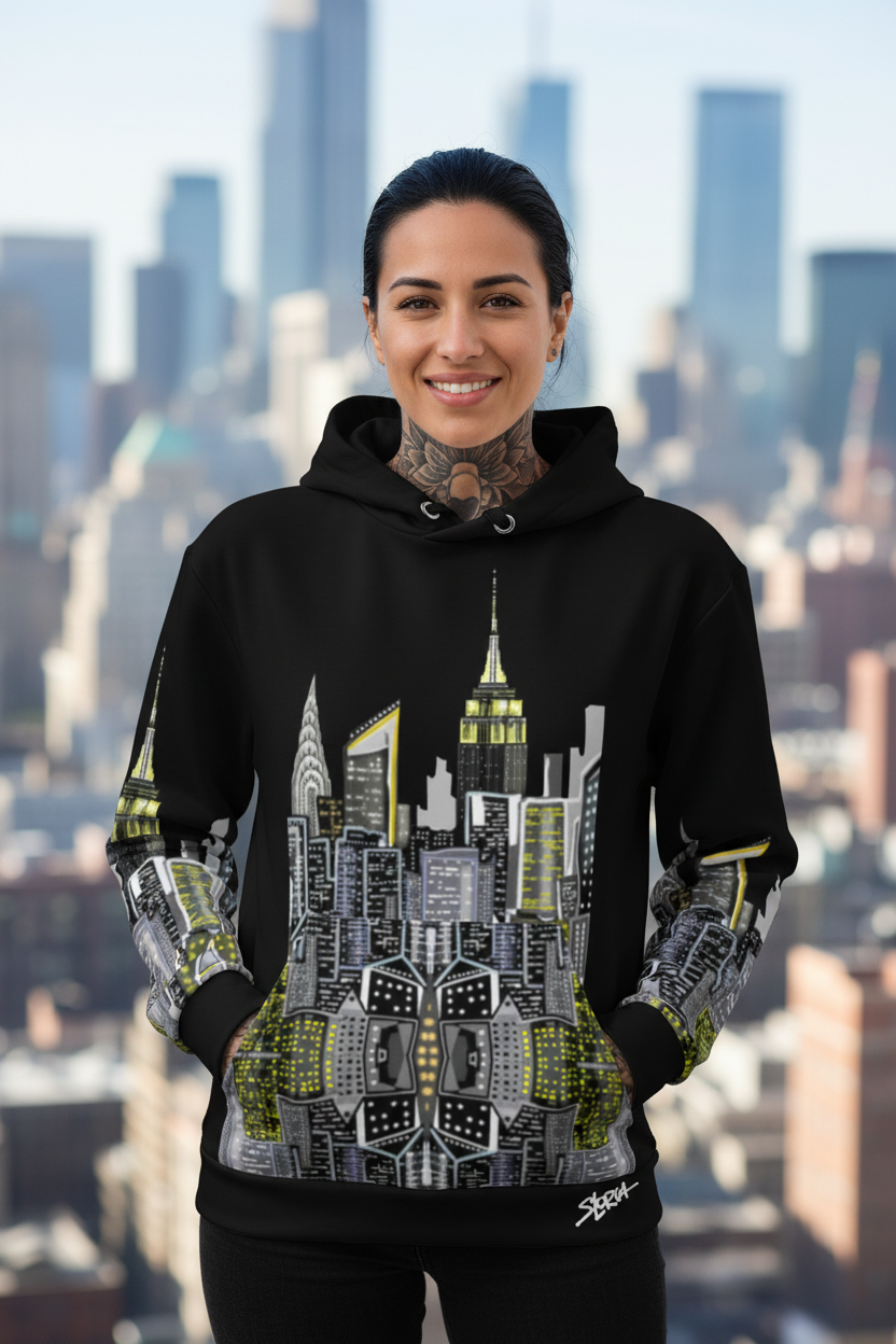 Person wearing a black hoodie with cityscape Loria NYC Art design in front of a city skyline