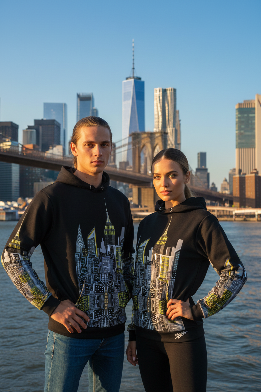 Two people posing in front of the Brooklyn bridge wearing matching black NYC Art hoodies.