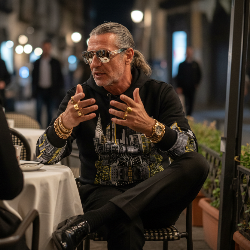 Man in stylish sunglasses and Loria NYC Art jacket engaged in conversation with a woman in an outdoor cafe setting.