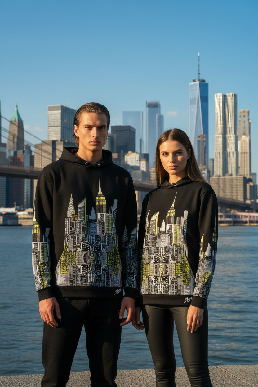 People posing in an urban setting wearing matching black NYC Art hoodies.
