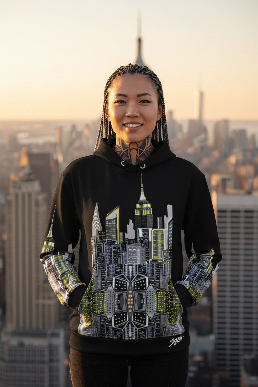 Person wearing a black hoodie with cityscape Loria NYC Art design against a city skyline at sunset.