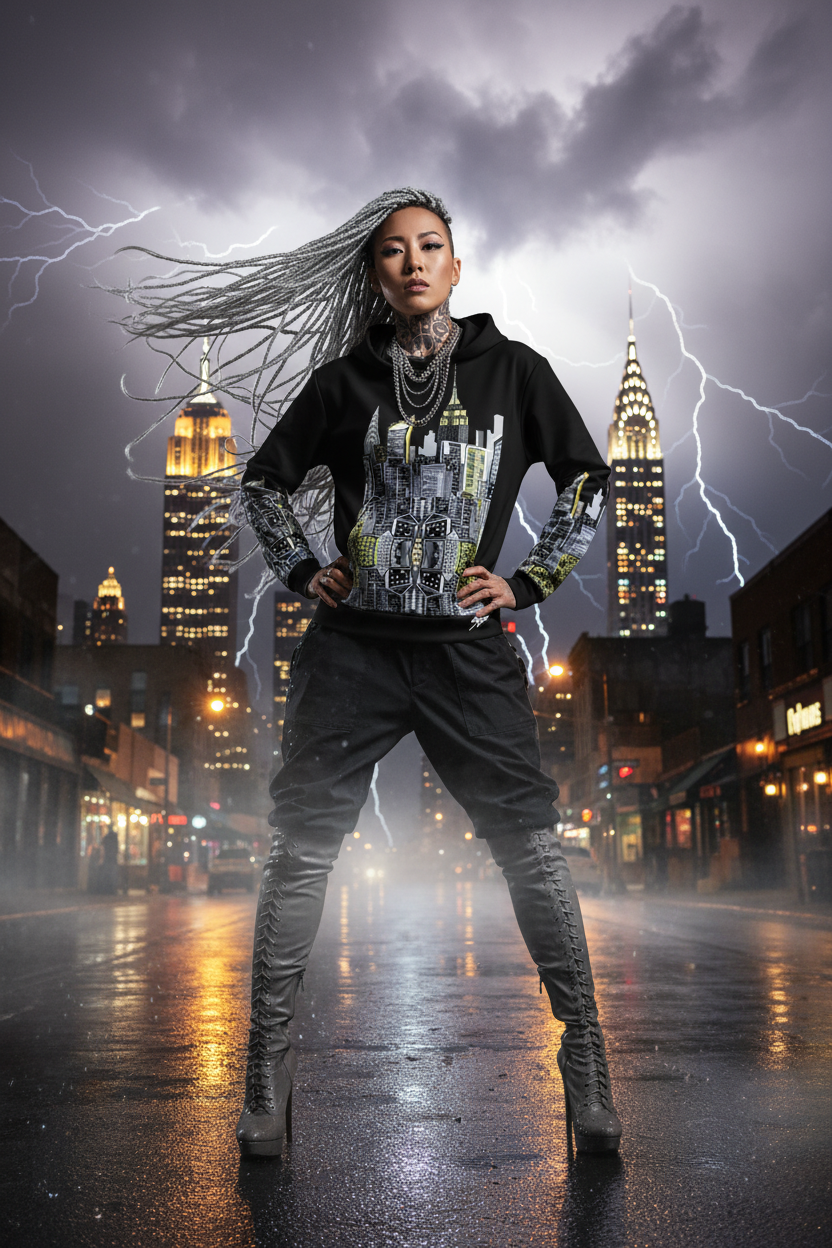 Person wearing Loria NYC Art cityscape hoodie with lightning and tall buildings