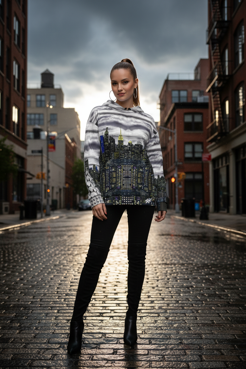 Girl wearing a Loria NYC Art hoodie with a cityscape design on a urban background