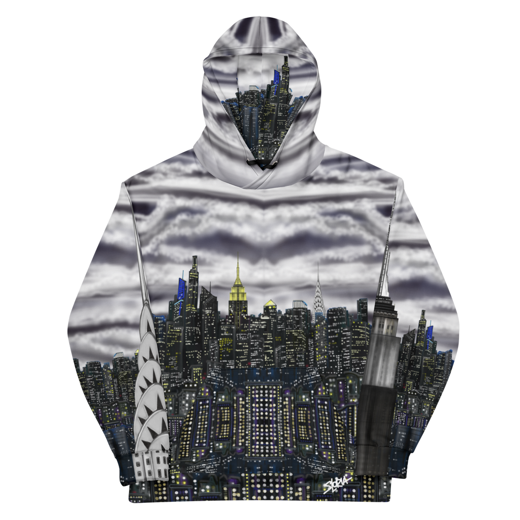 Hoodie with a cityscape Loria NYC Art design on a white background