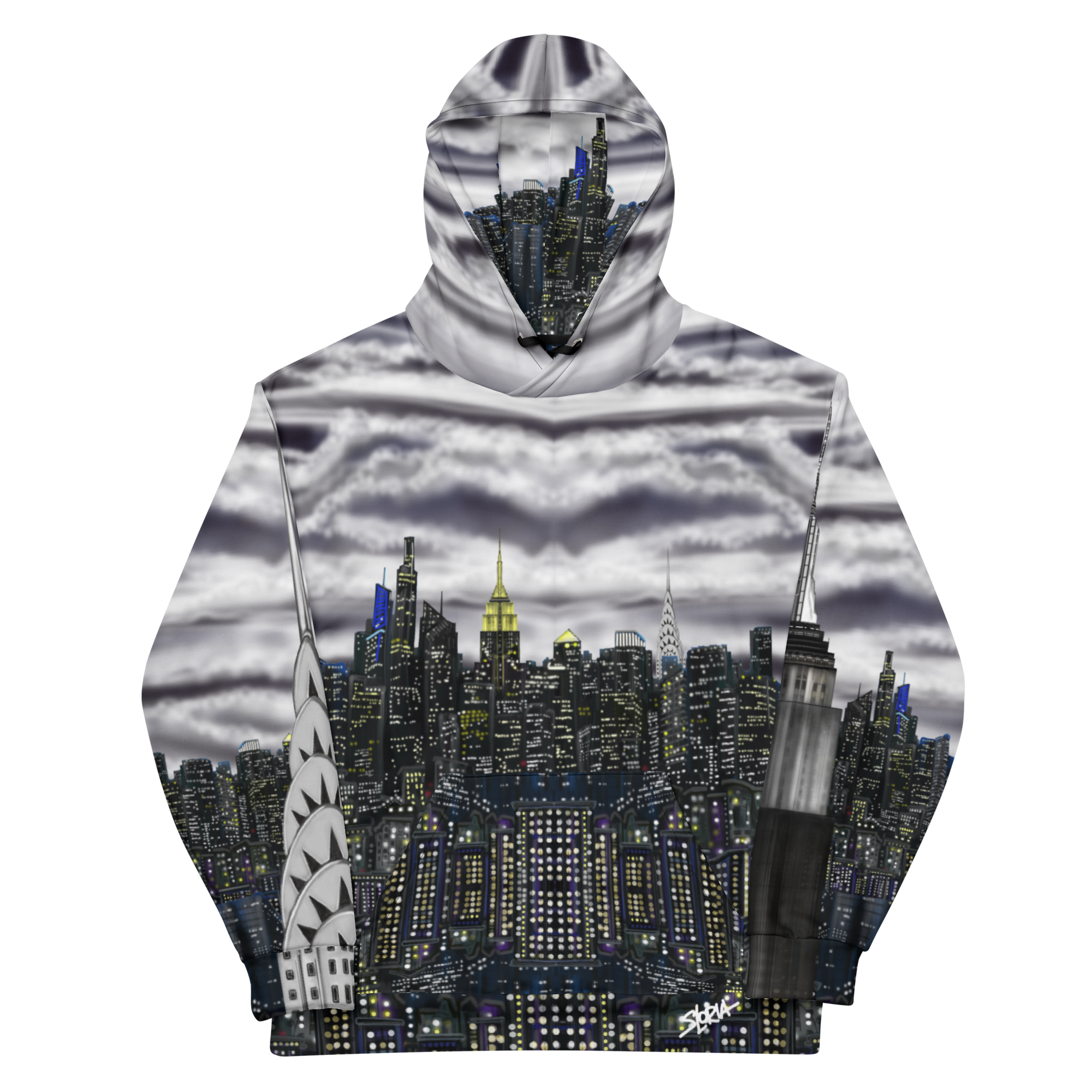 Hoodie with a cityscape Loria NYC Art design on a white background