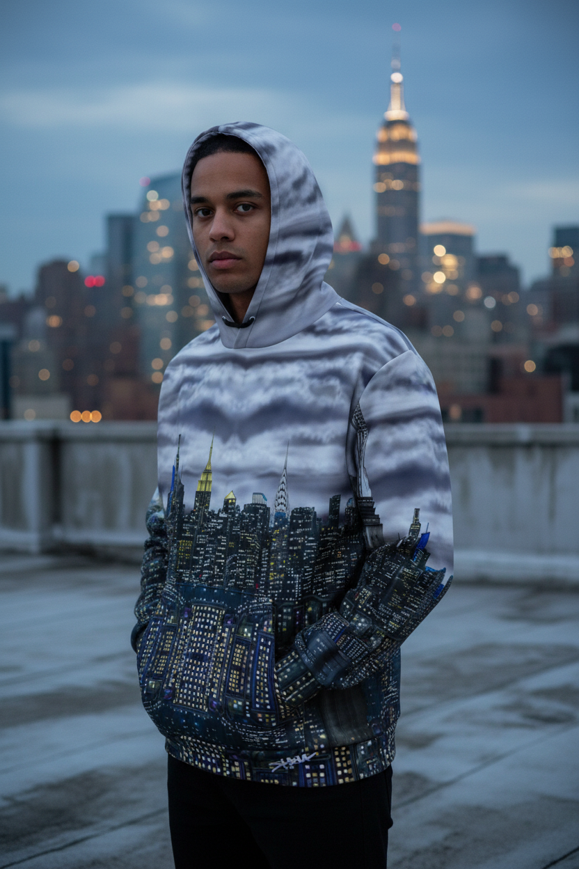 Person wearing a Loria NYC Art hoodie with a cityscape design on a rooftop with city skyline in the background