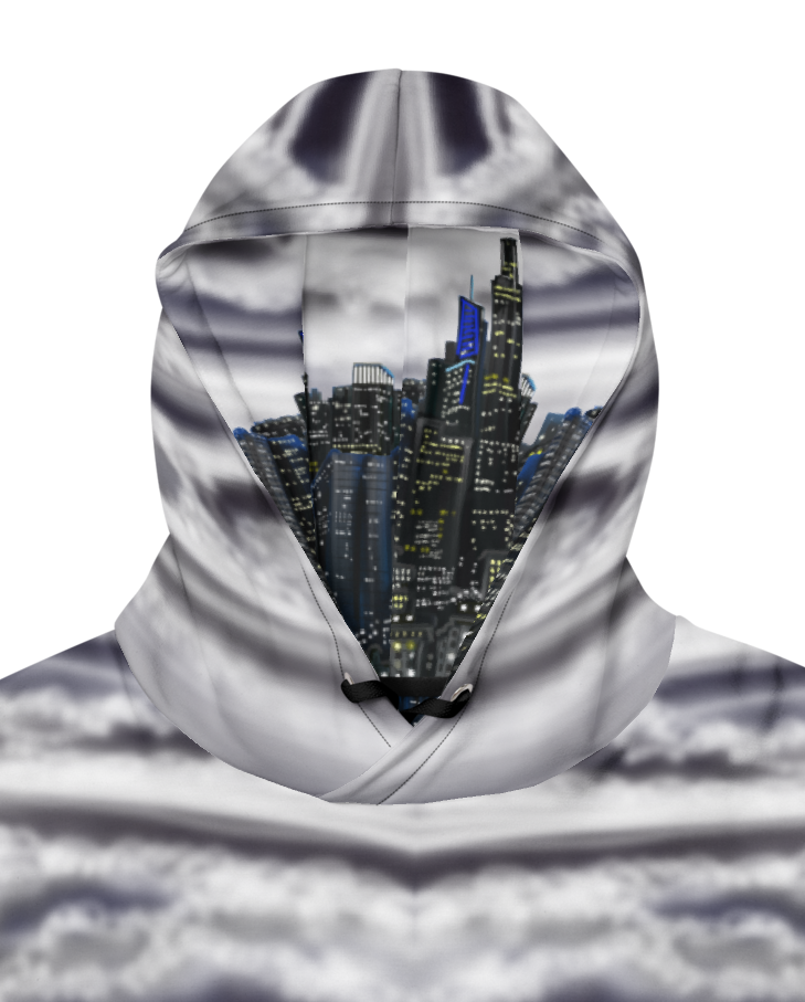 Hoodie with a Loria NYC Art cityscape design on a white background