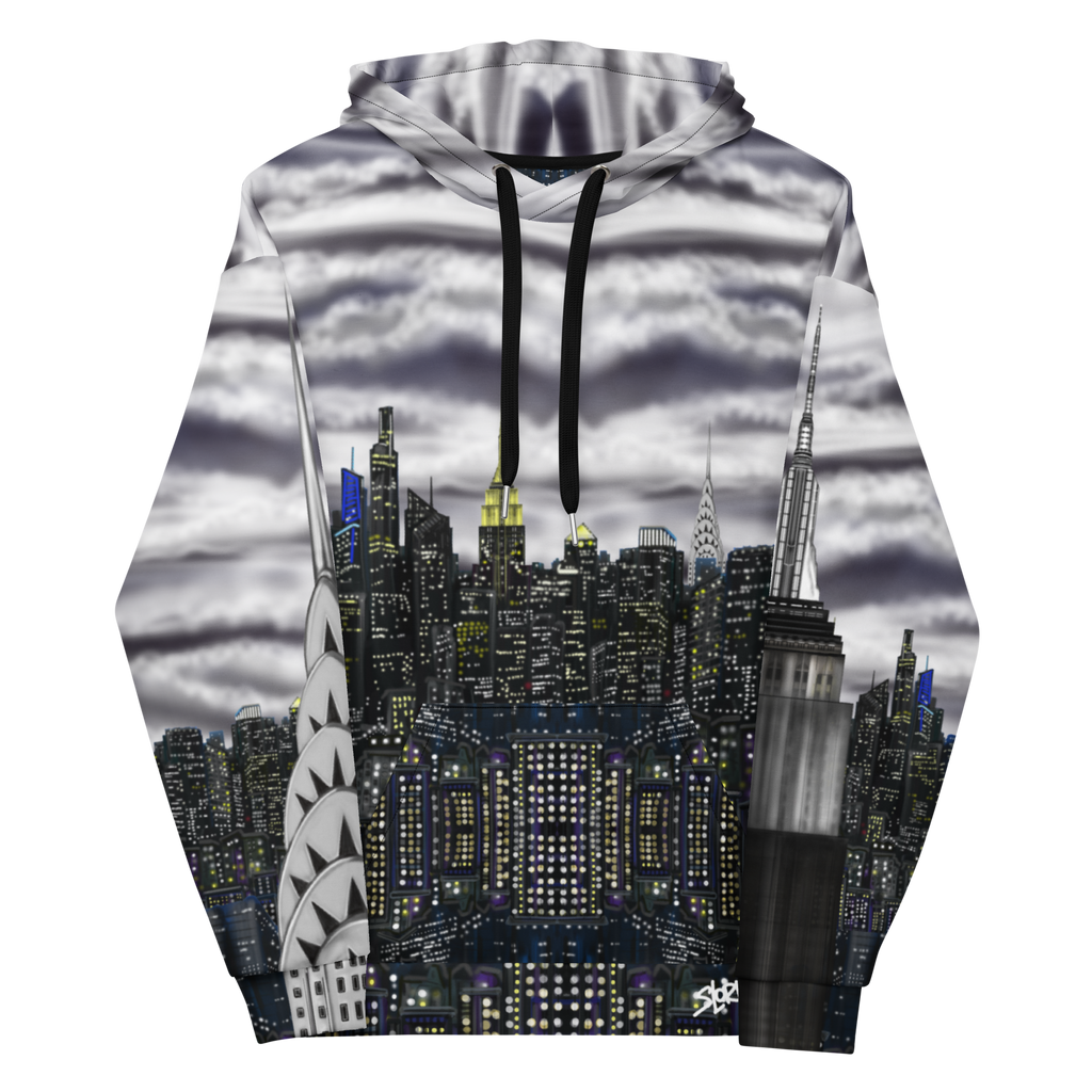 Hoodie with a Loria NYC Art cityscape design featuring skyscrapers and a cloudy sky.