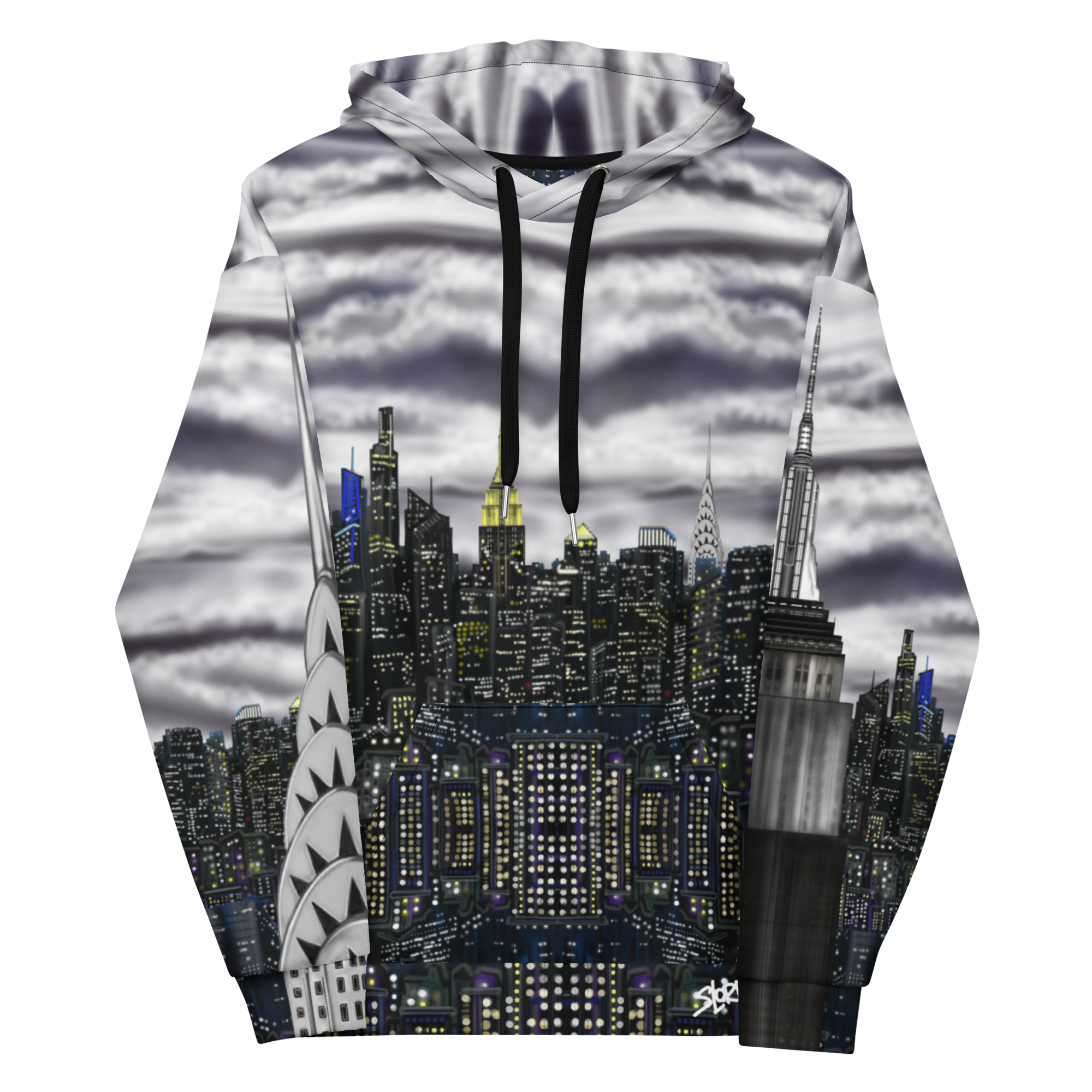 Hoodie with a Loria NYC Art cityscape design featuring skyscrapers and a cloudy sky.