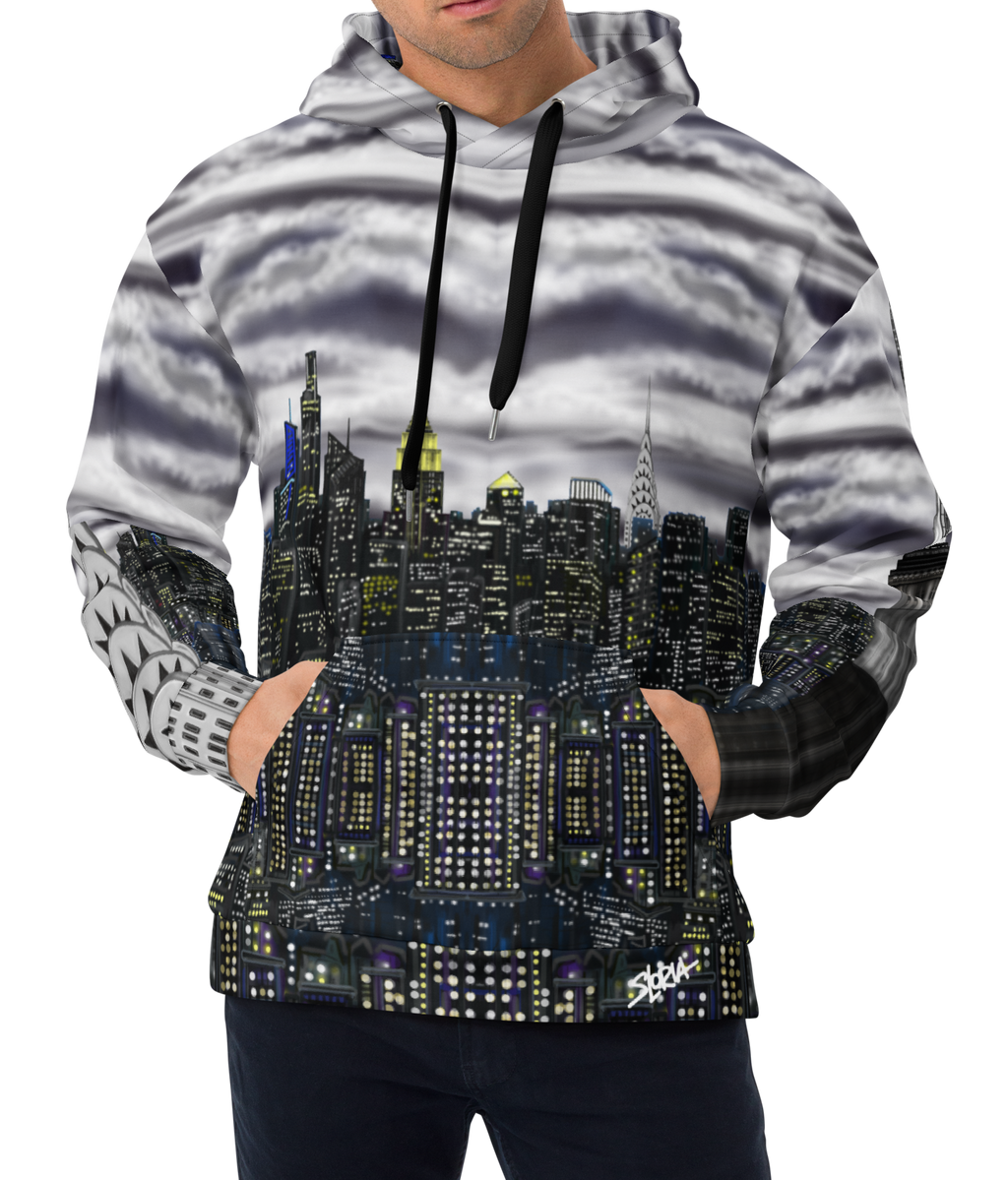 Man wearing a hoodie with a Loria NYC Art cityscape design on a white background