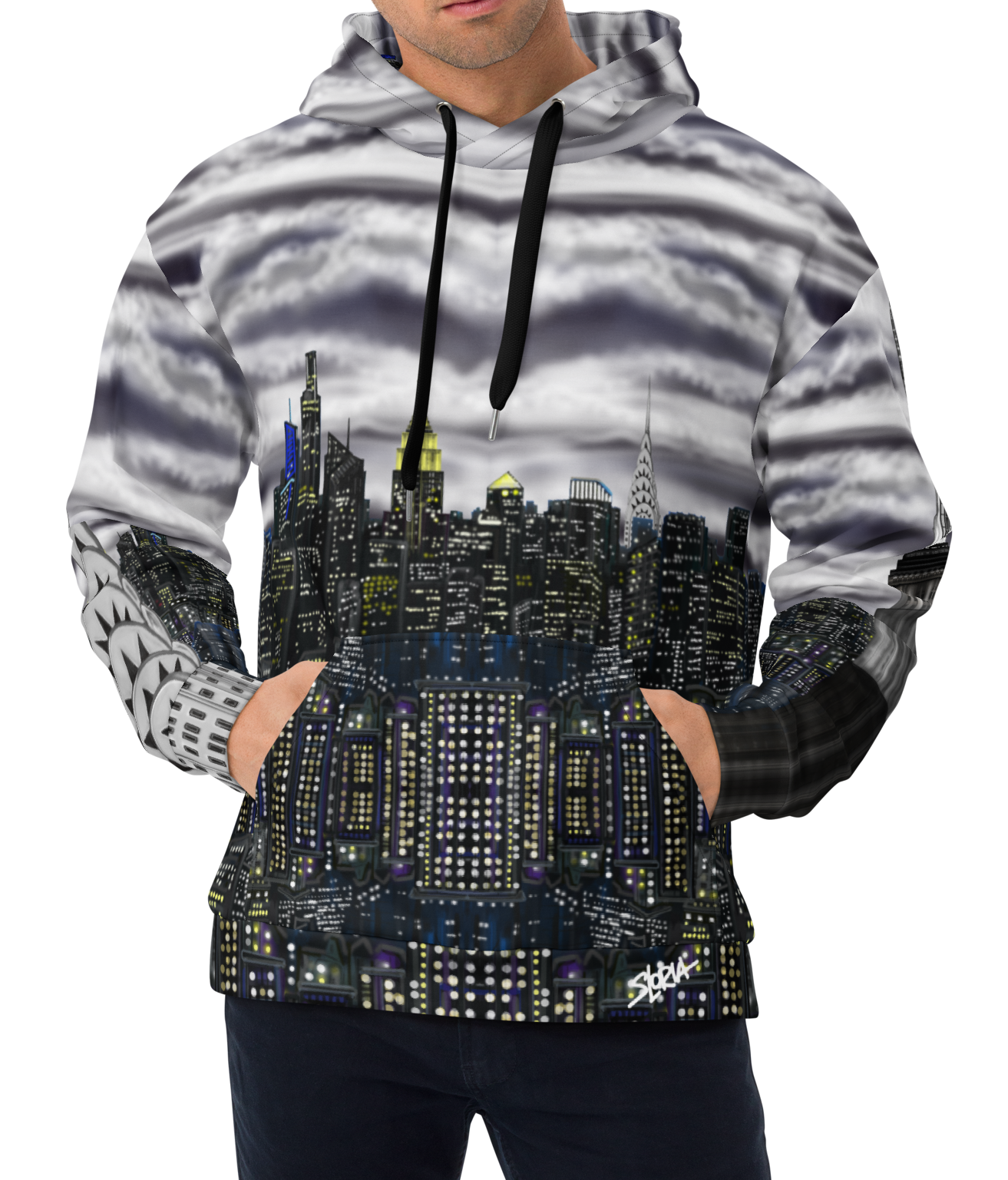 Man wearing a hoodie with a Loria NYC Art cityscape design on a white background