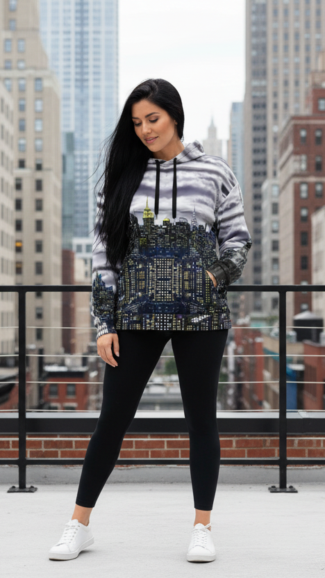 Woman wearing a hoodie with a Loria NYC Art cityscape design on a urban background