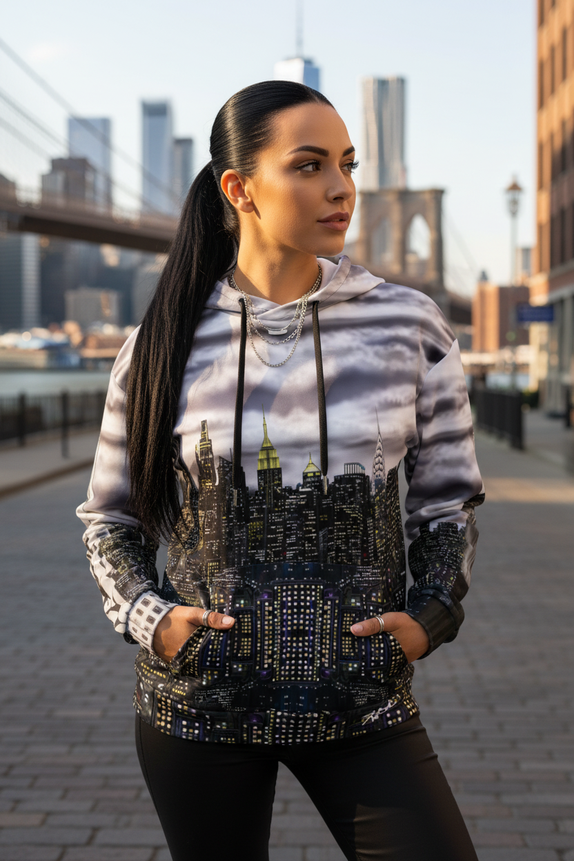 Woman wearing a hoodie with a Loria NYC Art cityscape design on a white background