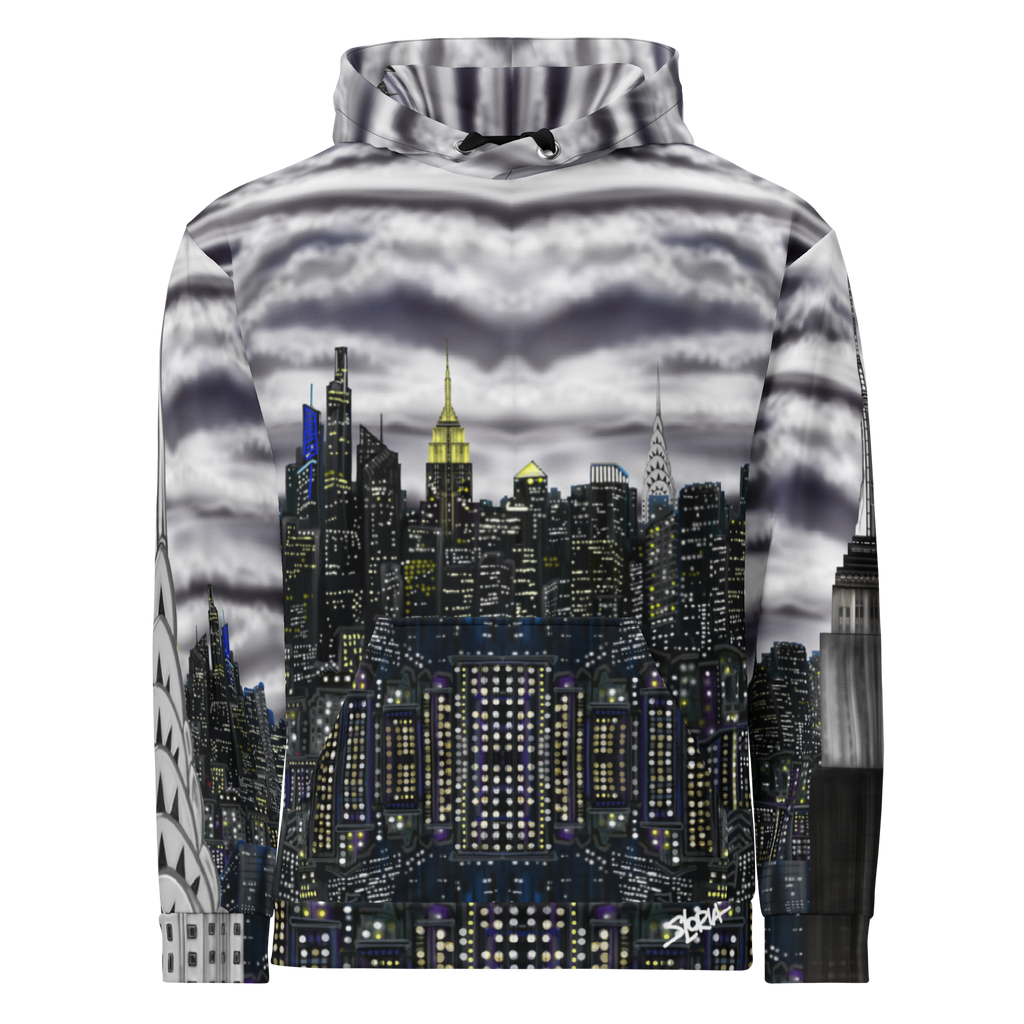 Loria NYC Art Hoodie with a cityscape design on a white background