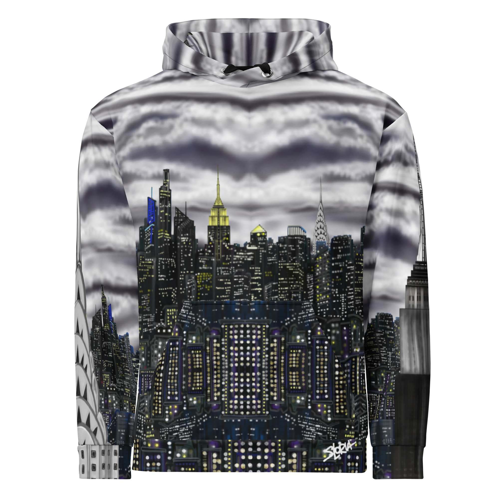 Loria NYC Art Hoodie with a cityscape design on a white background