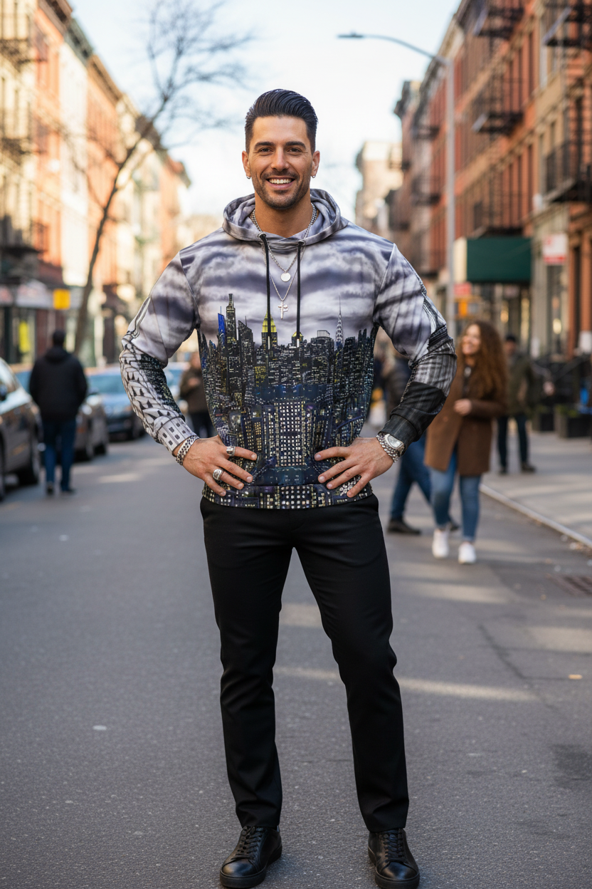 Man wearing a hoodie with a Loria NYC Art cityscape design on a street