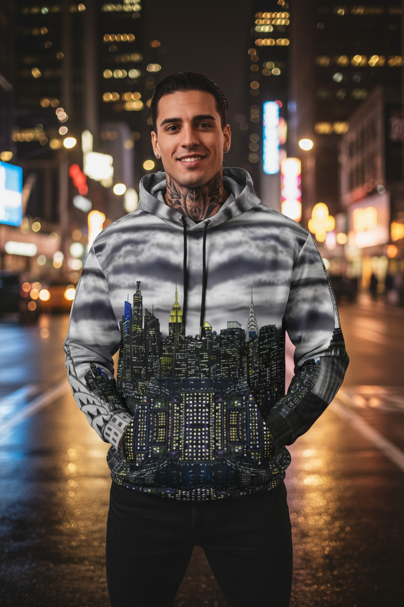 Person wearing a hoodie with a cityscape Loria NYC Art design on a city street at night.