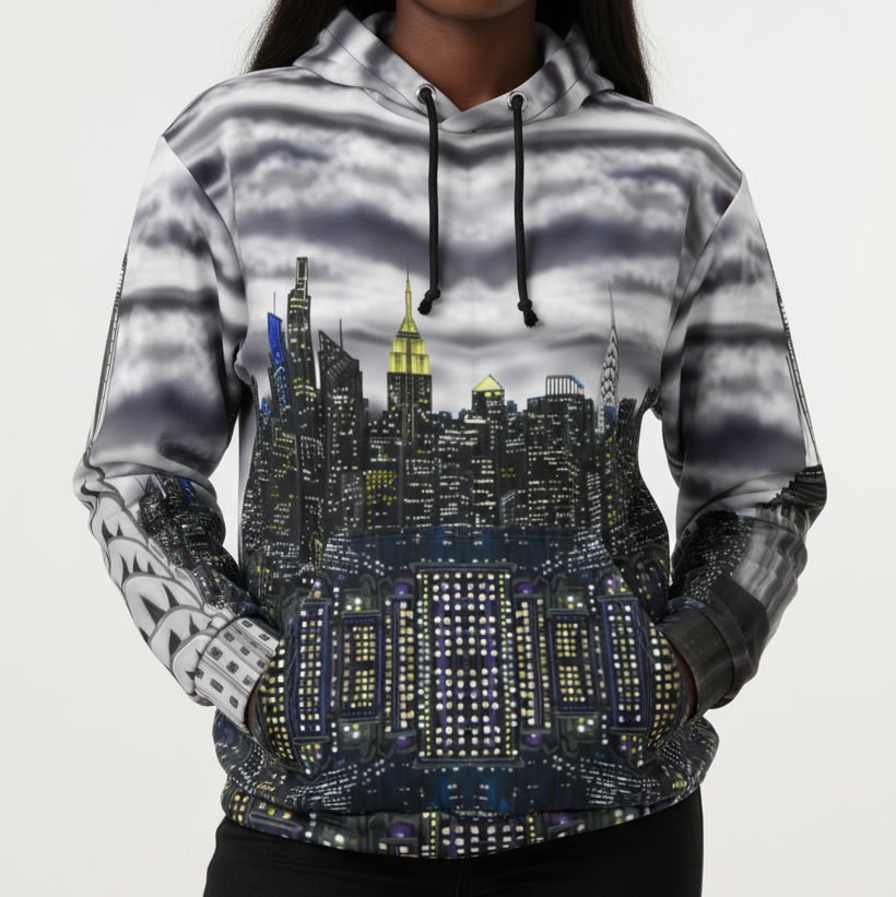 Person wearing a Loria NYC Art hoodie with a cityscape design on a white background