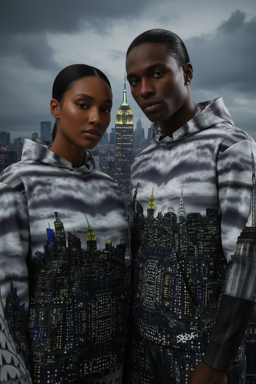 Two people wearing hoodies with a cityscape Loria NYC Art design against a dark sky.