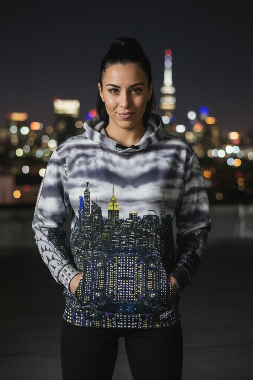 Person wearing a hoodie with a cityscape Loria NYC Art design against a night-time cityscape background