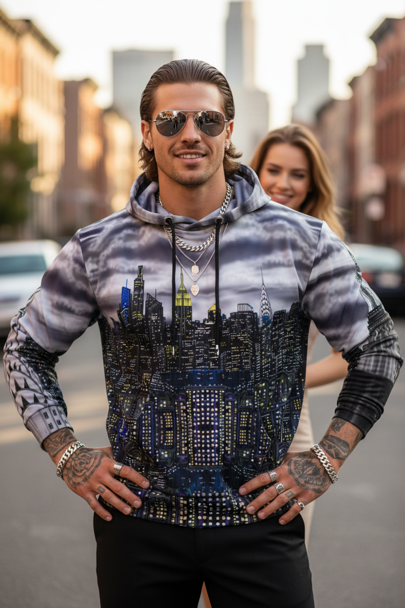Man wearing a hoodie with a cityscape Loria NYC Art design on a city street