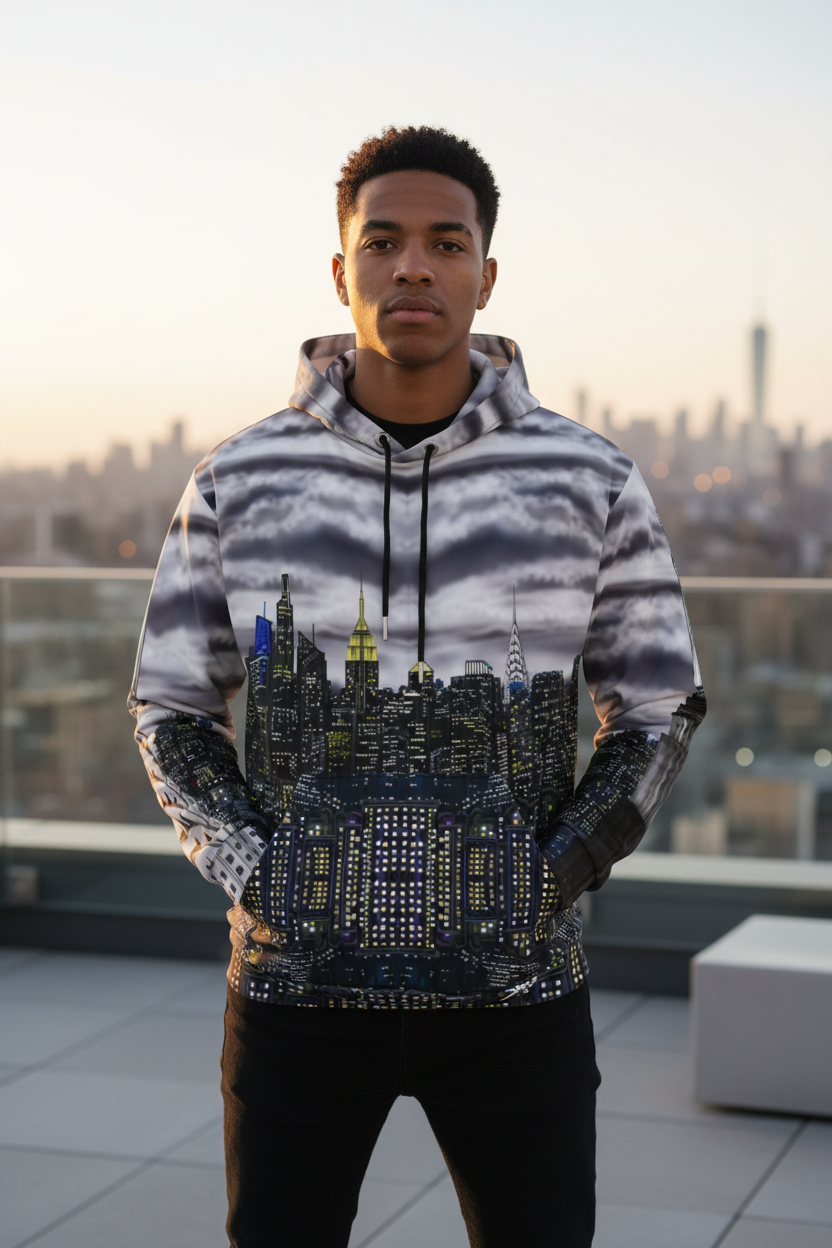 Person wearing a hoodie with a cityscape design on a rooftop with a Loria NYC Art city skyline in the background
