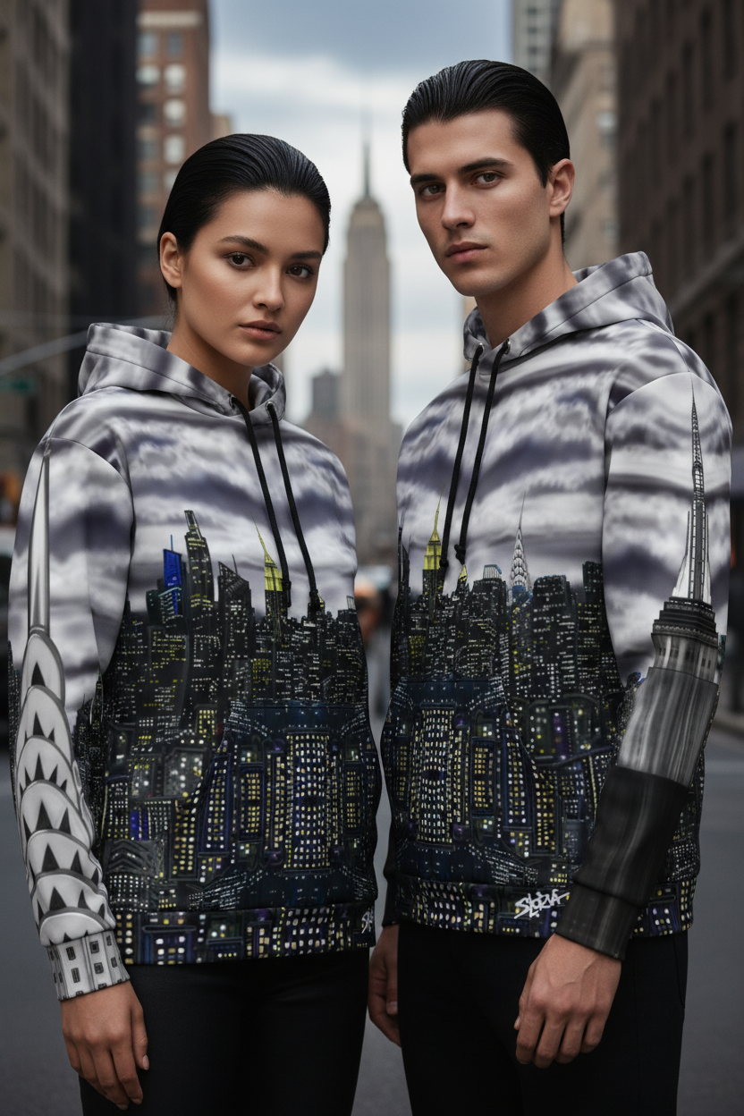 Two people wearing hoodies with a cityscape Loria NYC Art design in an urban setting