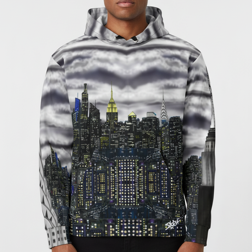 Person wearing a hoodie with a cityscape Loria NYC Art design on a white background