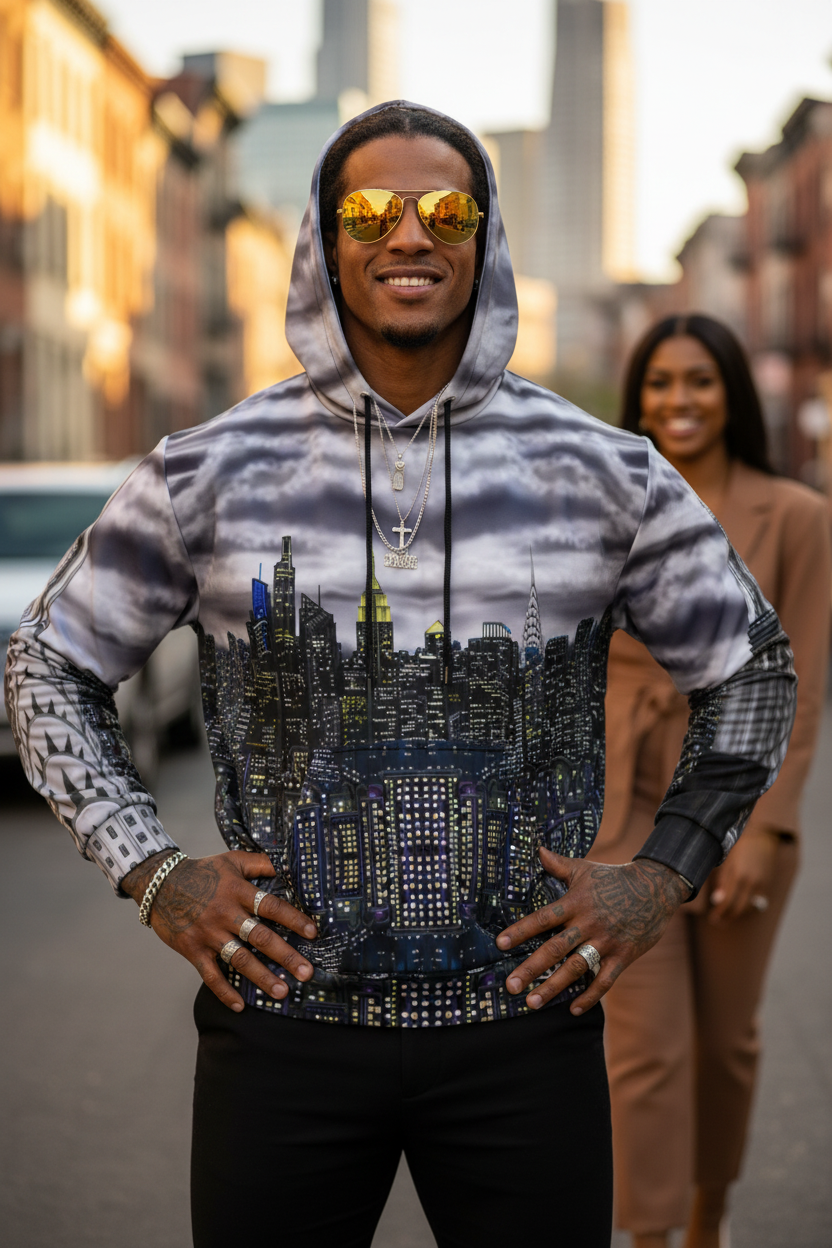 Man wearing a hoodie with a Loria NYC Art cityscape design outdoors