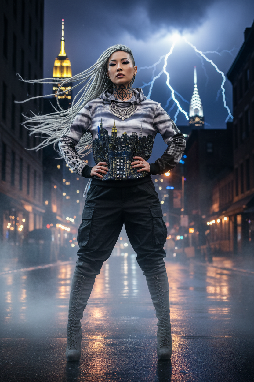 Person in a city street wearing a Loria NYC Art hoodie with lightning and skyscrapers in the background