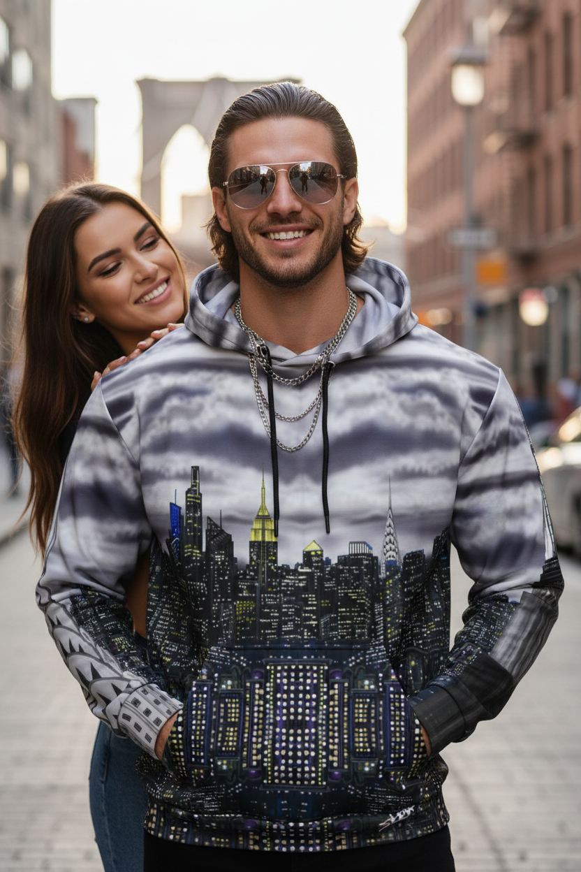 Man wearing a hoodie with a cityscape Loria NYC Art design on a street.