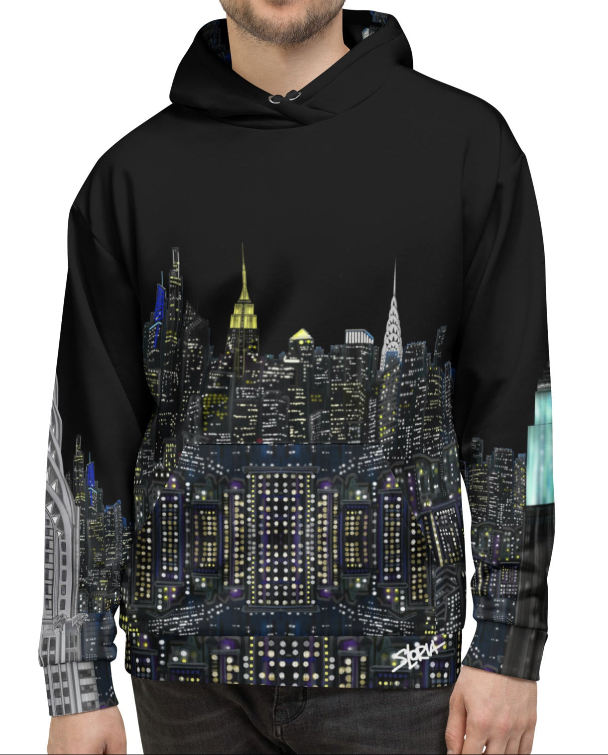Person wearing a black hoodie with a cityscape Loria NYC Art design on a white background