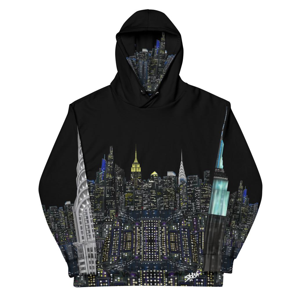 Black Loria NYC Art hoodie with a cityscape design on a white background