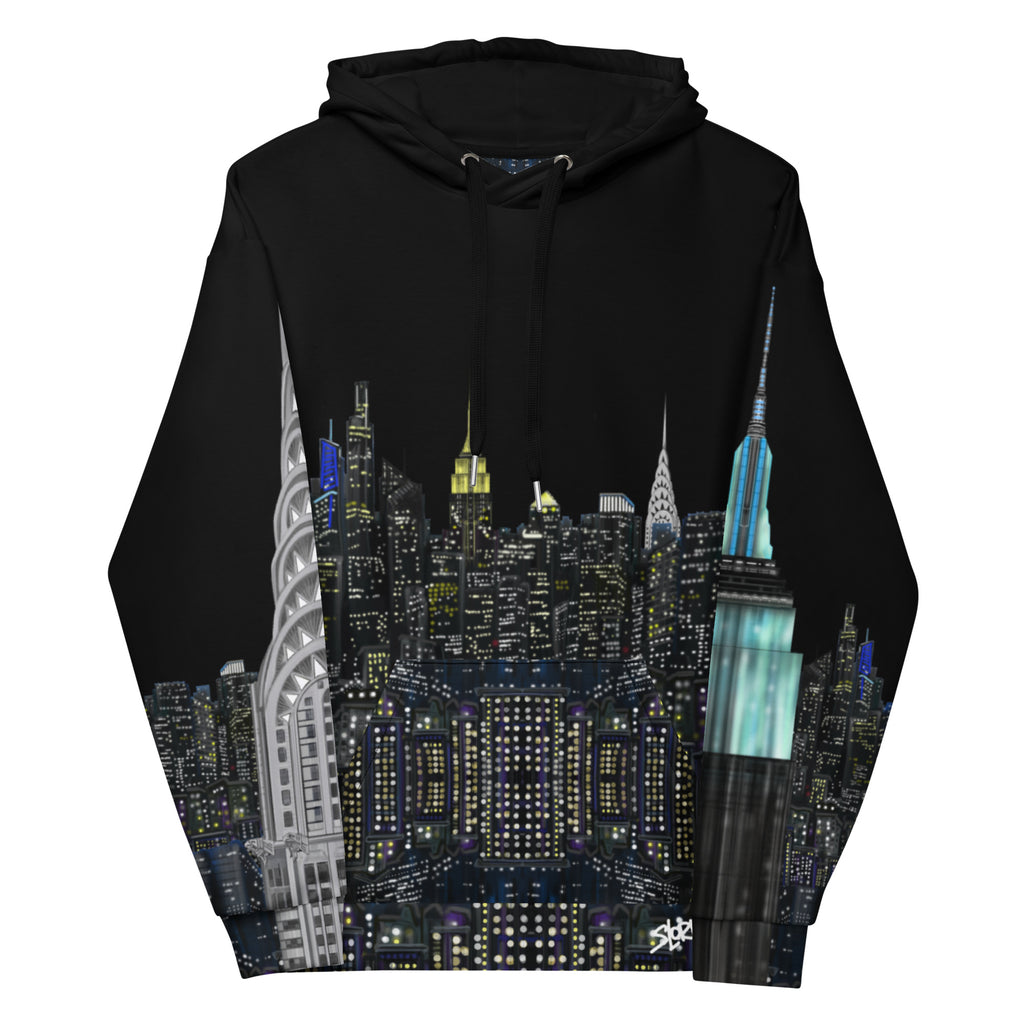 Black hoodie with a cityscape Loria NYC Art design featuring illuminated buildings on a white background