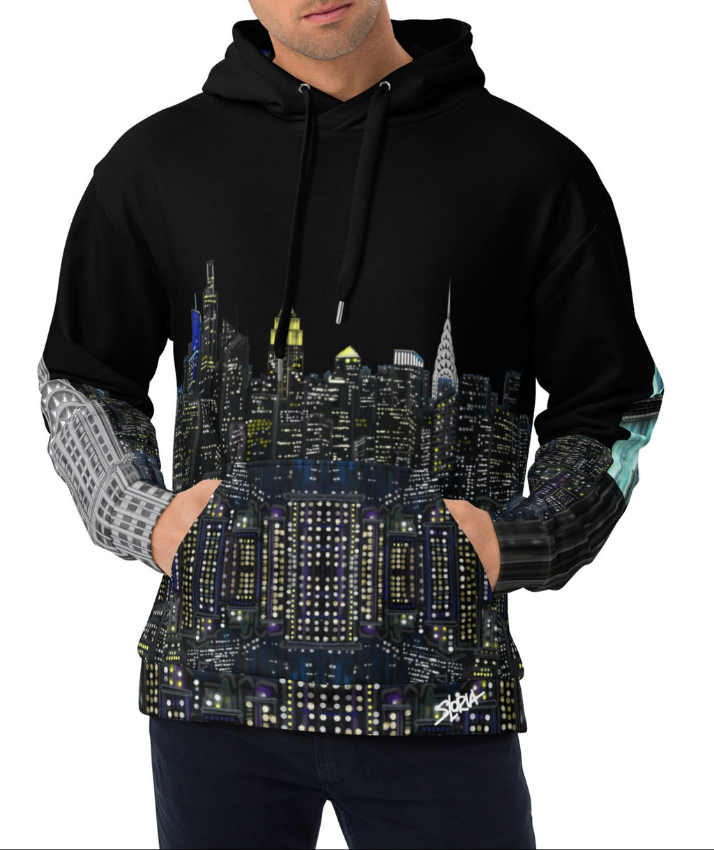 Man wearing a black hoodie with a cityscape Loria NYC Art design on a white background