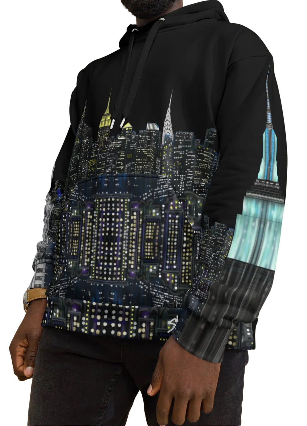 Person wearing a black hoodie with cityscape Loria NYC Art design on an white background