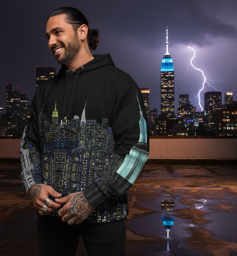 Man wearing a hoodie with a cityscape Loria NYC Art design on a rooftop at night with lightning in the background.