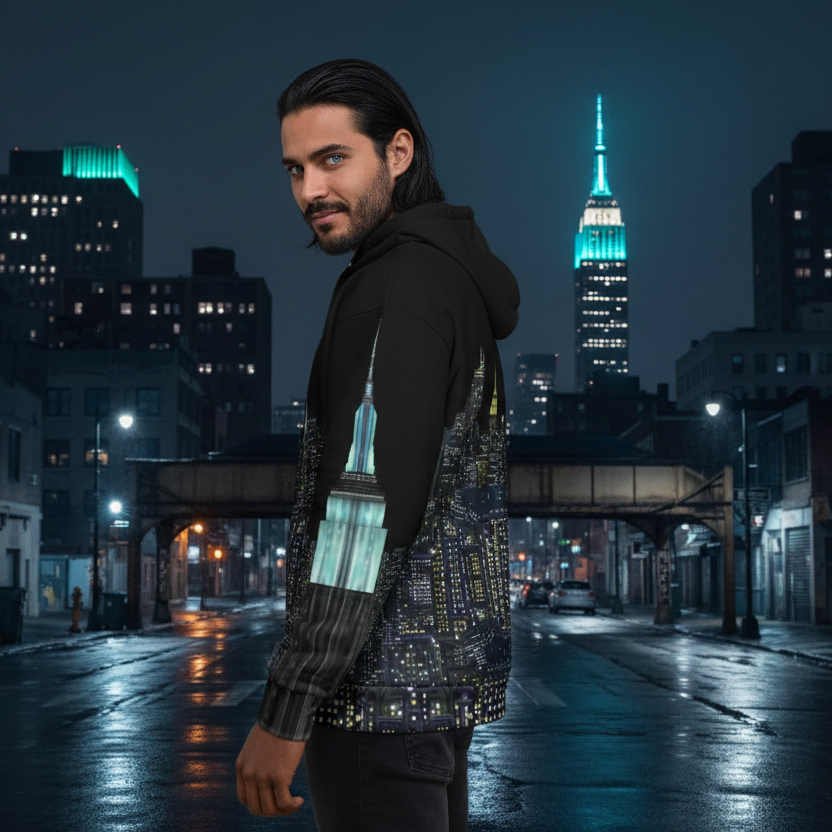 Man wearing a hoodie with cityscape Loria NYC Art design in an urban night setting