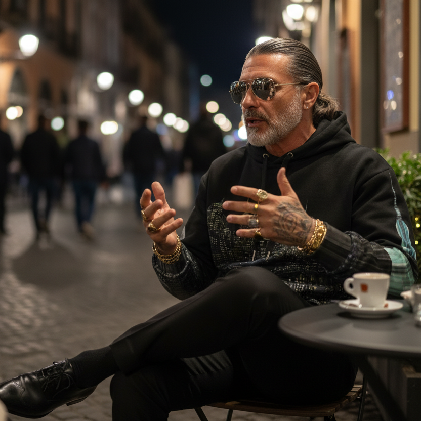 Man sitting at a table on a city street at night wearing an Loria NYC Art hoodie engaged in conversation with another person.